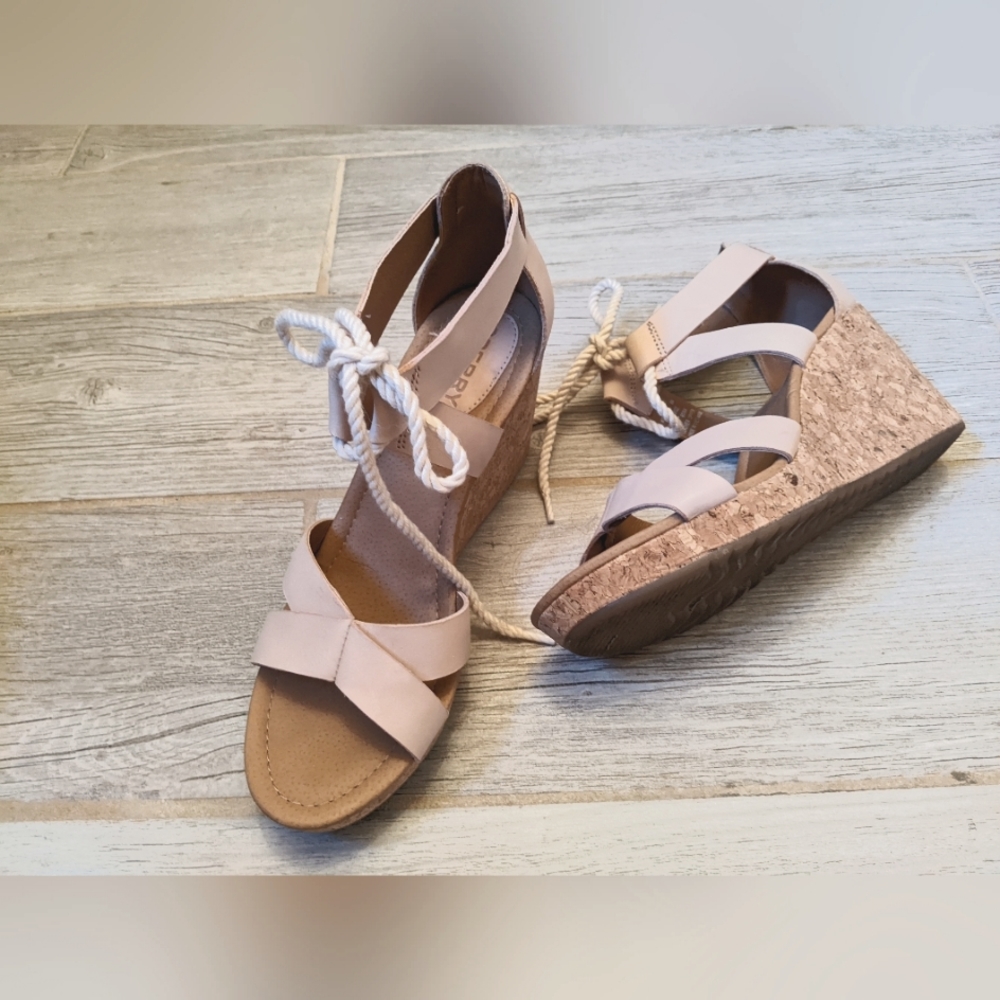 Sperry pink platform sandals, cork wedge heel